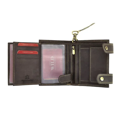 Skórzany portfel biker z podwójnym zapięciem i łańcuchem / Biker leather wallet with double snap closure and chain